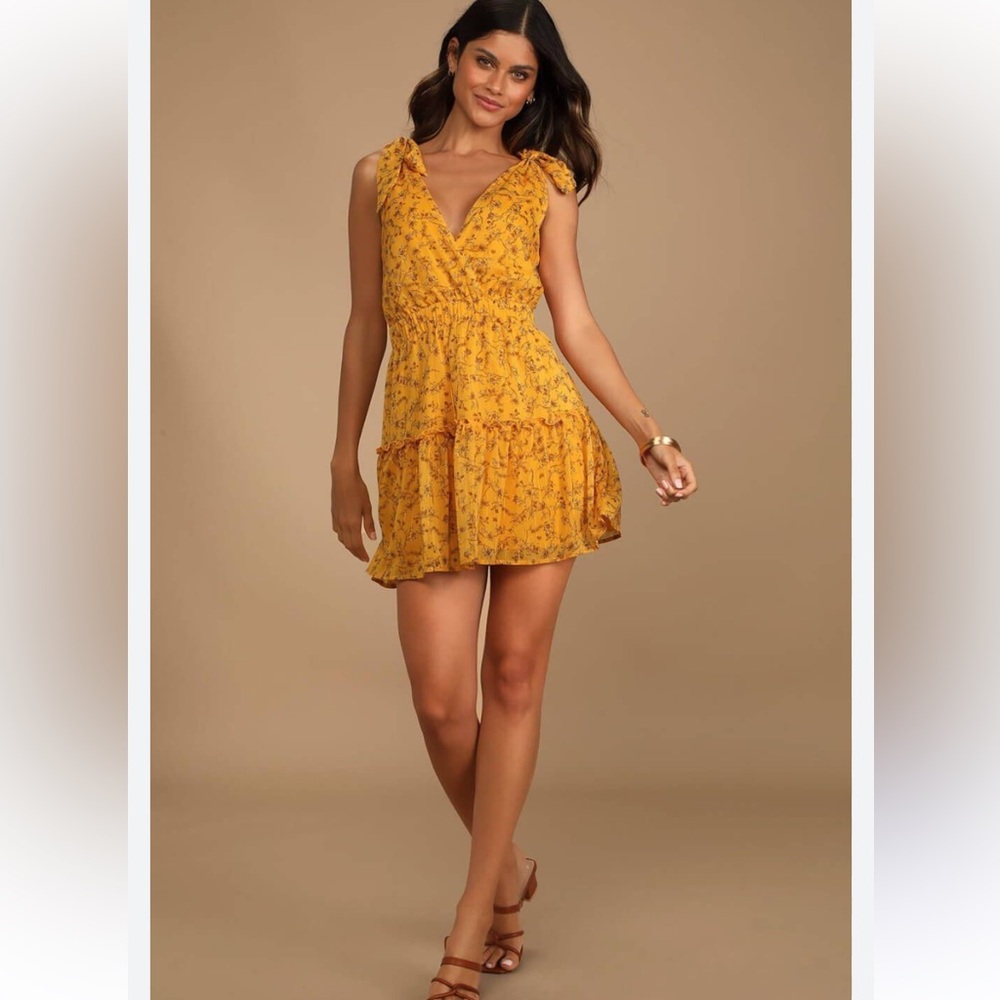 Lulus Mustard Yellow Mini Dress Tie Shoulders Adjustable Tiered NWT Size XL